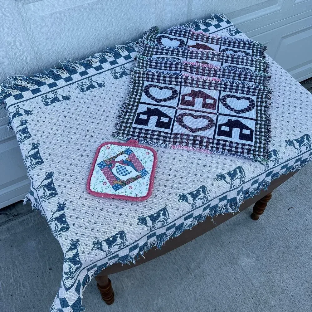 Country Kitchen Cow Duck Woven Table Cloth Place Matts Pot Holder Granny Core